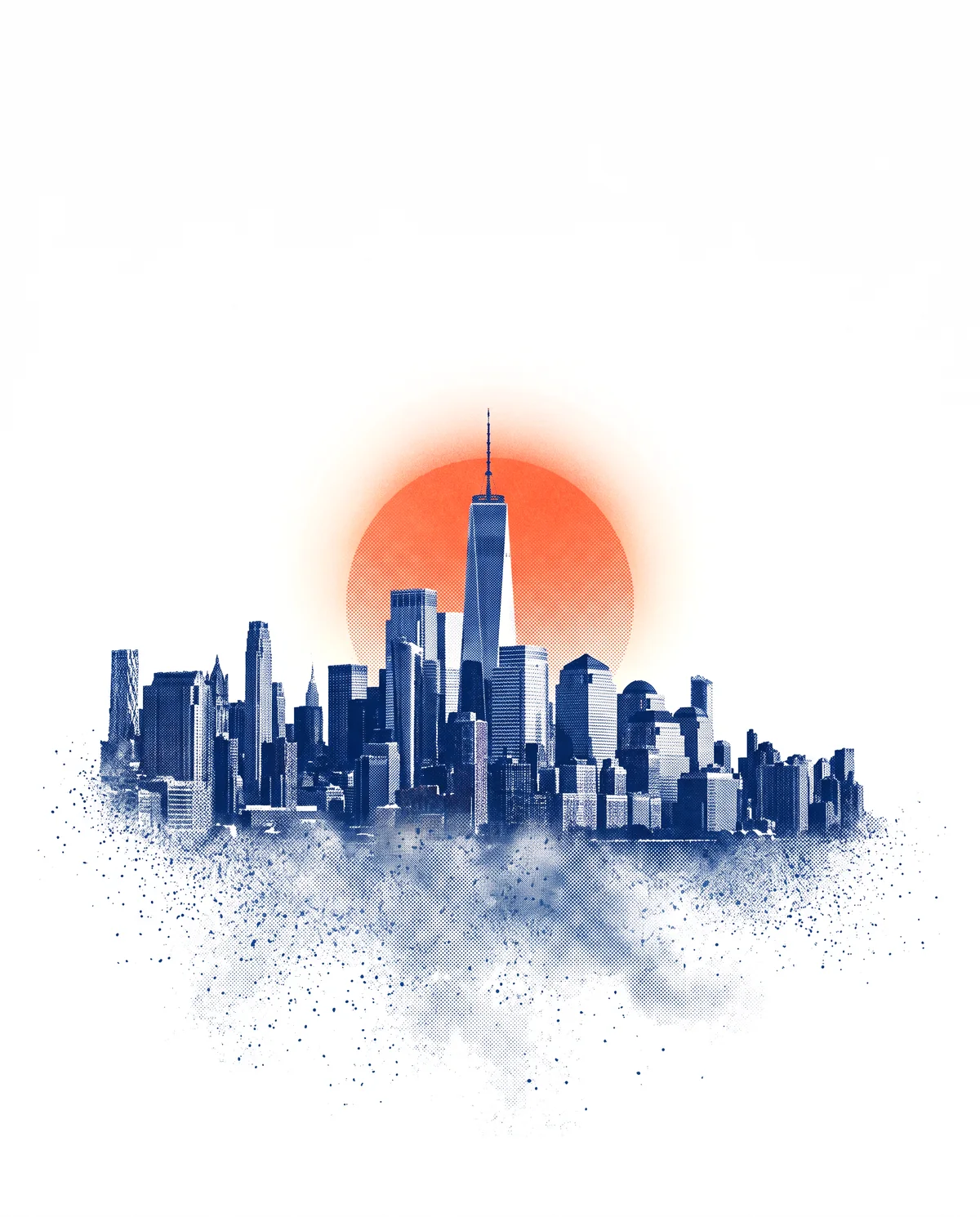 A city skyline rising out of particles in front of an orange sun